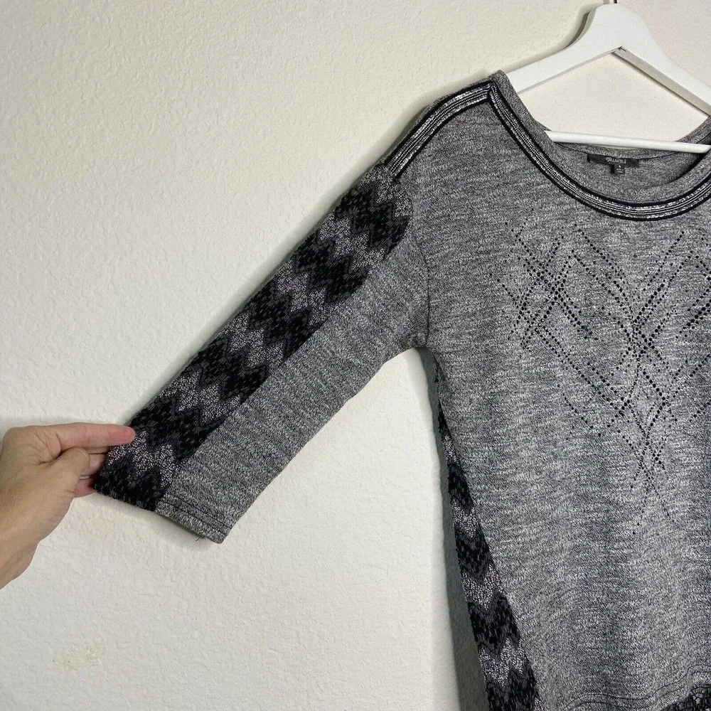 Miss Me Gray Rhinestone Embellished Sequin Beaded Trim Mixed Knit Sweater Sz S